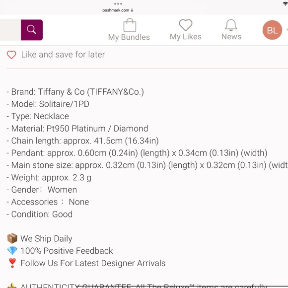 Tiffany & Co Necklace Solitaire 1PD Pt950 Platinum Diamond Ladies - Picture 7 of 7